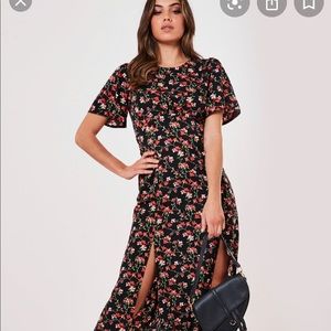 black floral flutter sleeve midi dress